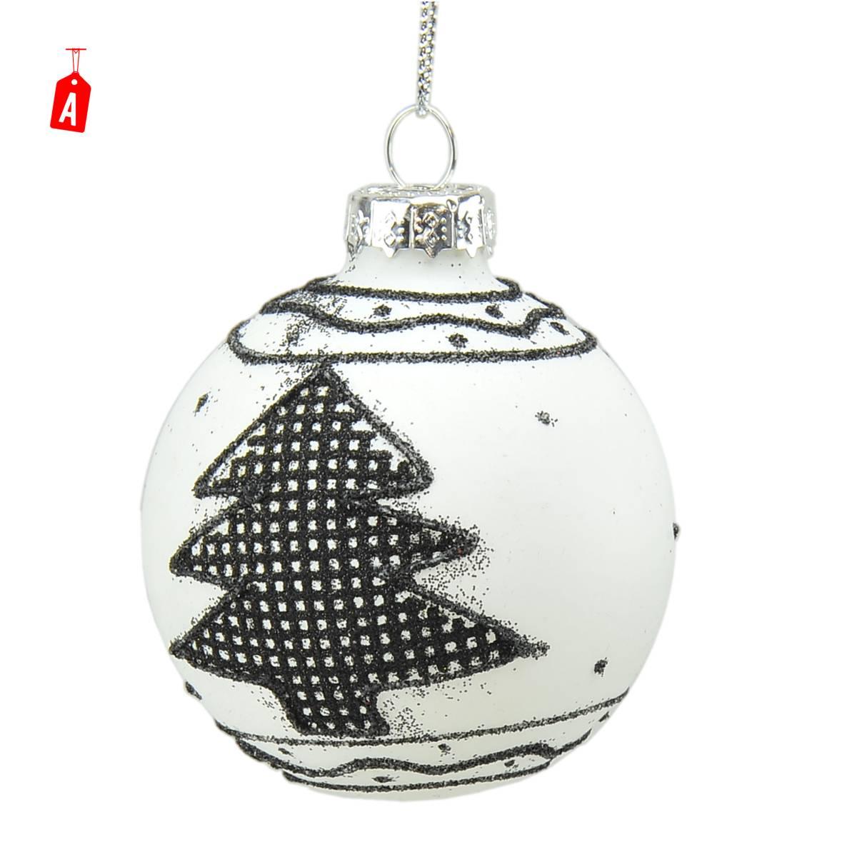 Pallina Natale Vetro cm.6 Bianca con Decori Neri 2 Modelli |Universl