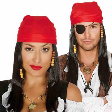 Parrucca Pirata Nera Lunga e Liscia con Bandana Rossa