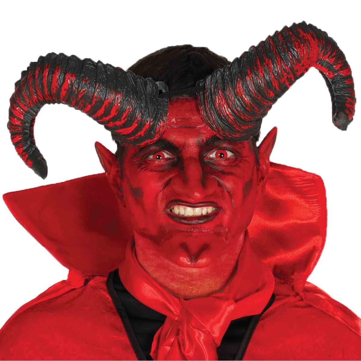 Coppia di corna da diavolo grandi per travestimenti, in PVC rosso scuro, dimensione 9x20 cm, con elastico.