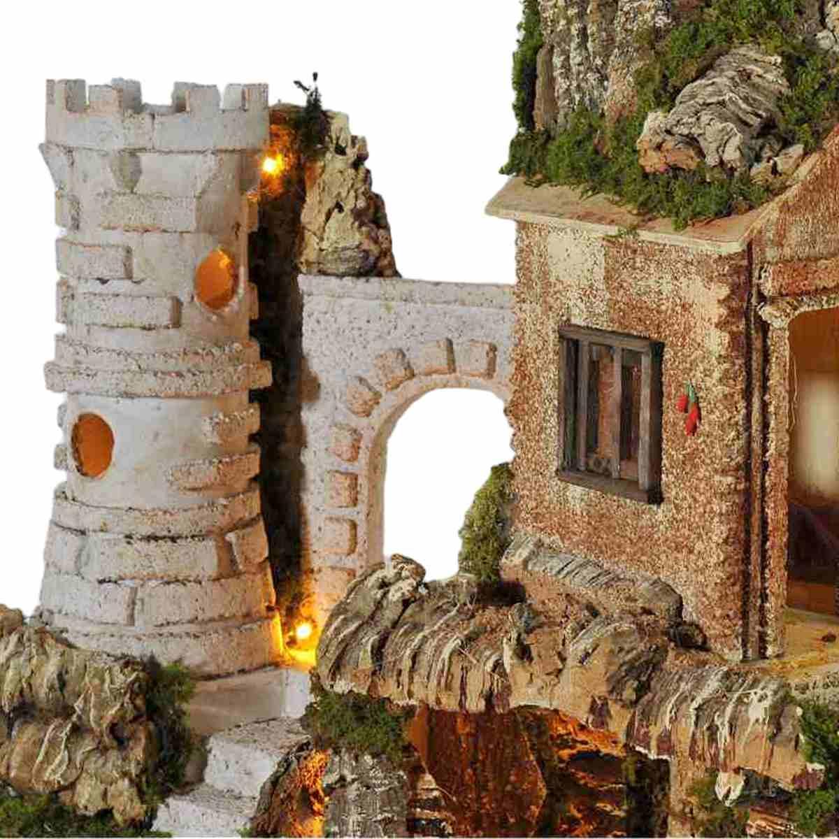 Peasaggio Presepe con Luci Torre Fontana Grotta cm.57x37xh50