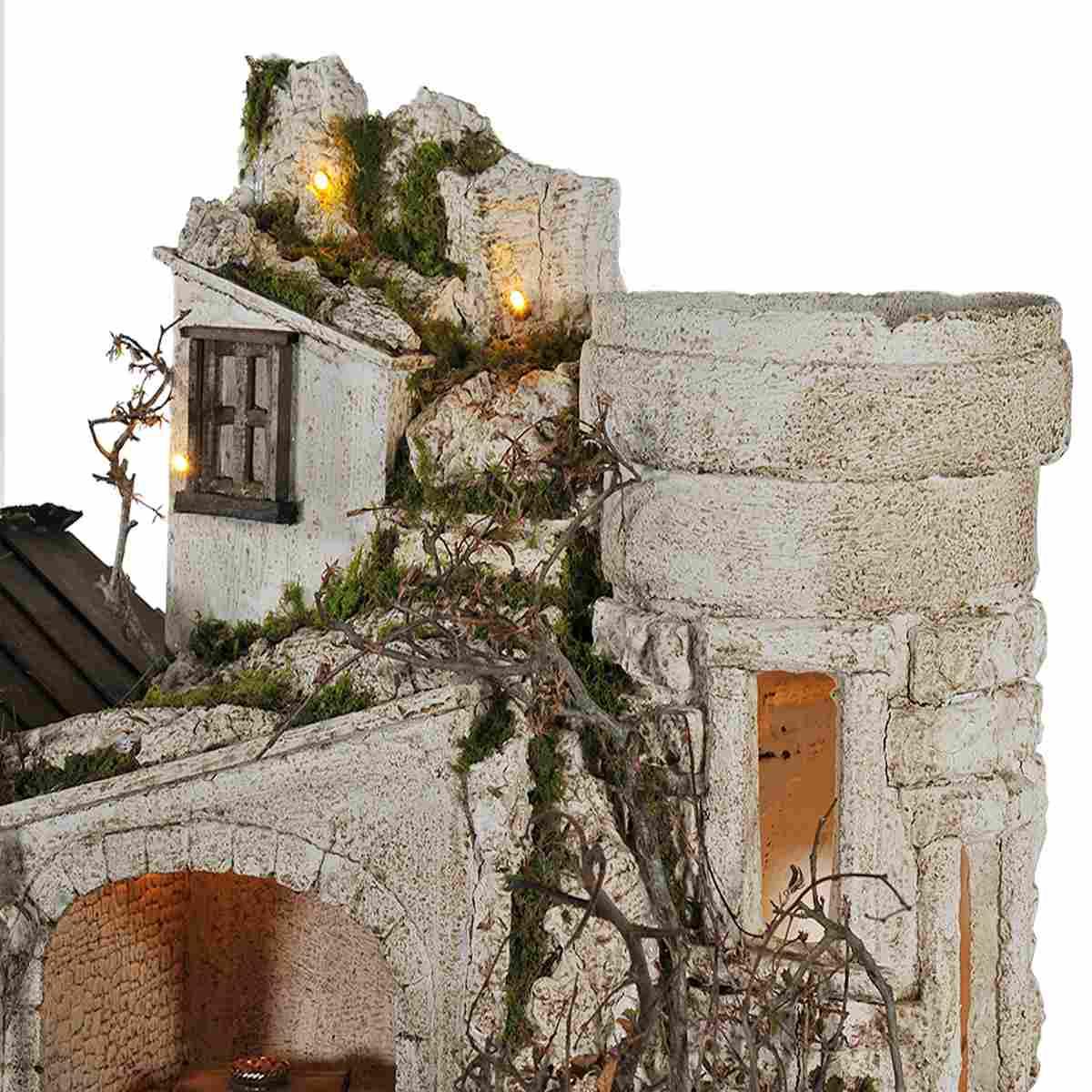 Paesaggio Presepe con Luci Macina Grotta Ambientazioni Torre cm.77x5xH65
