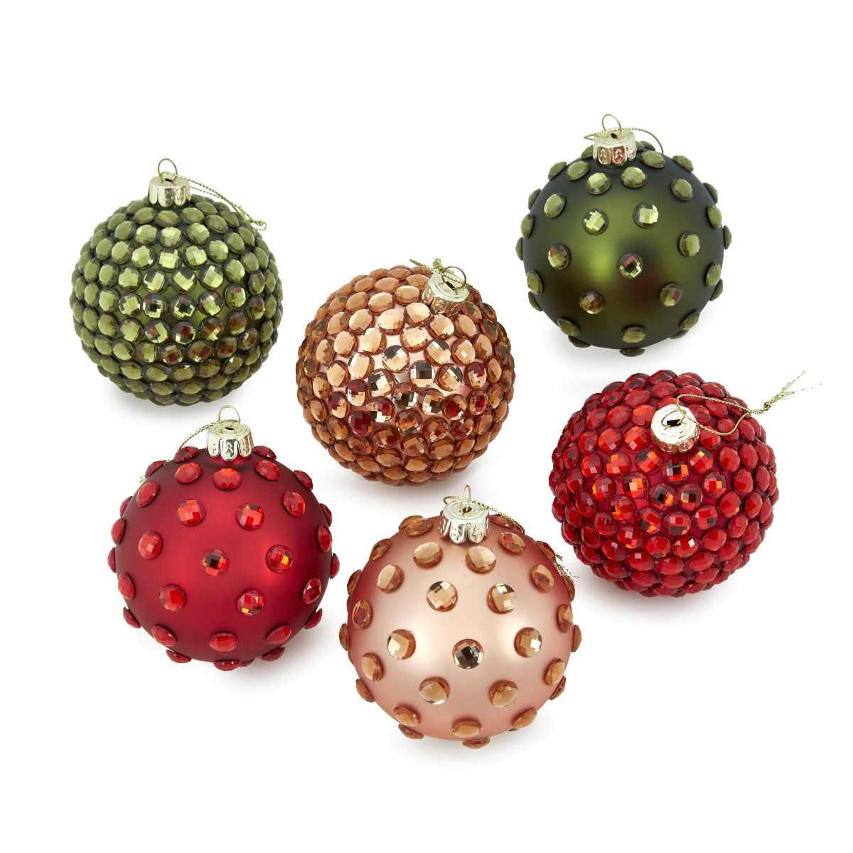 Pallina Natale Vetro cm.8 Rosse/Rosa/Verde con Pietre Set pz.6 |Fade