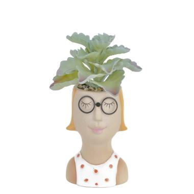 Vaso Ceramica Girl con Occhiali e Pianta cm.21