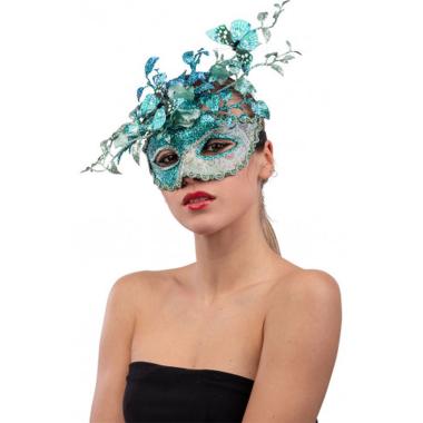 Maschera PVC Azzurra con Farfalle e Fiori Glitter
