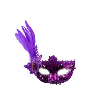 Maschera PVC Viola con Paillettes e Piume