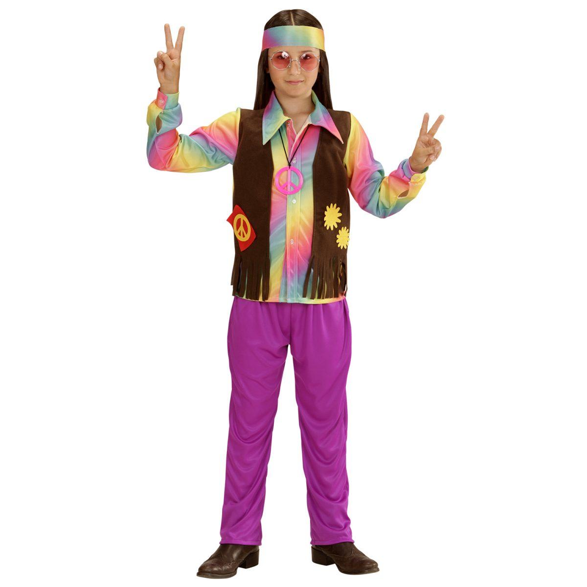 Costume Hippie Da Bambino Figlio Dei Fiori Con Gilet E Bandana - Marrone, Taglia M (7-9 Anni / 120-130 Cm)