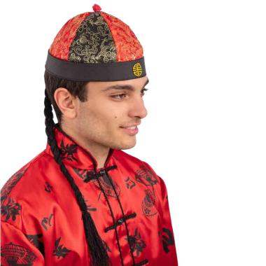 Cappello Cinese Rosso Nero in Tessuto con Treccia Capelli