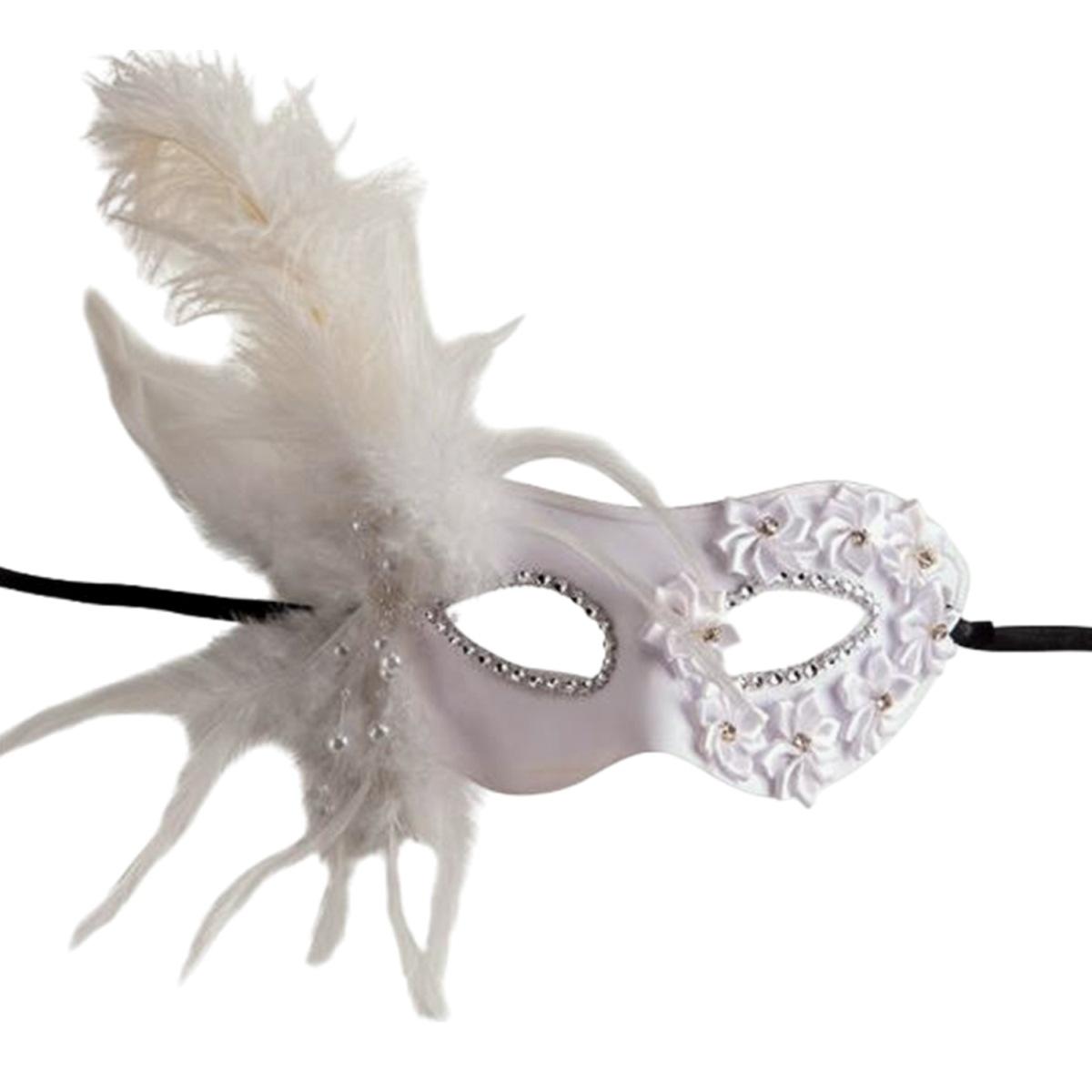Maschera Viso PVC Bianca con Fiori e Piume Bianchi |Carnival Toys