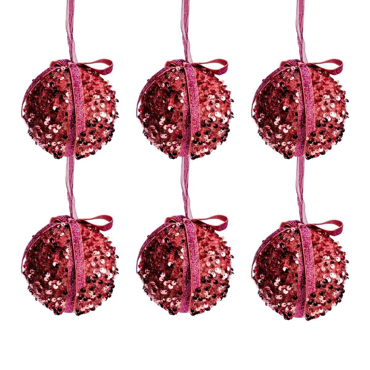 Pallina Natale cm.Ã˜8 Rosa con Fiocco e Paillettes Set pz.6 |Silani