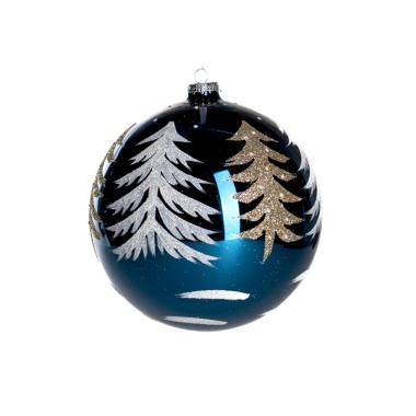 Pallina Natale Vetro cm.Ø15 Blu c/Albero Oro