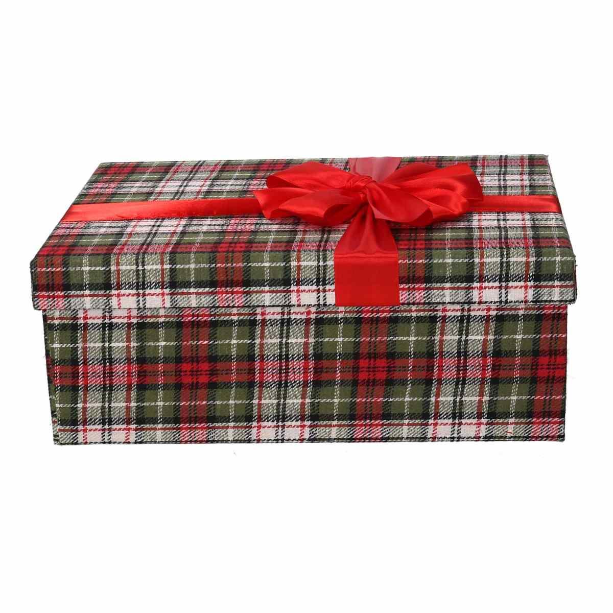 Scatola Natale Cartone Tartan Verde Rossa cm.43x34xh24,5 |Vacchetti