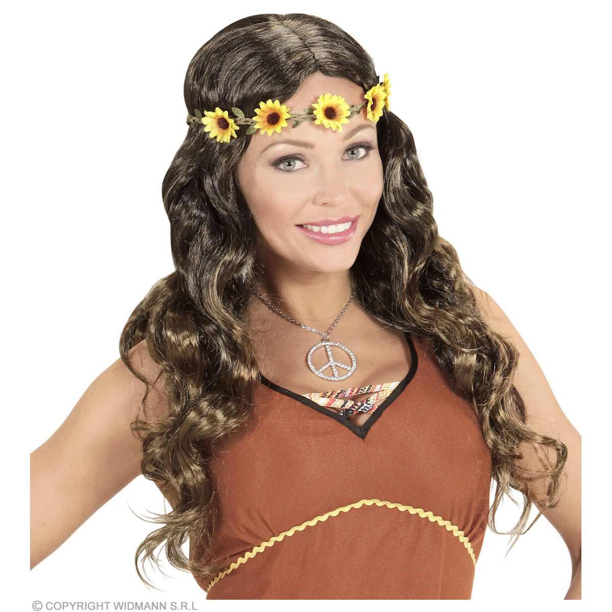 Parrucca Castana Hippie Mossa con Fascia Girasoli |Widmann