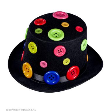 Cappello Cilindro Feltro Nero con Bottoni Colorati