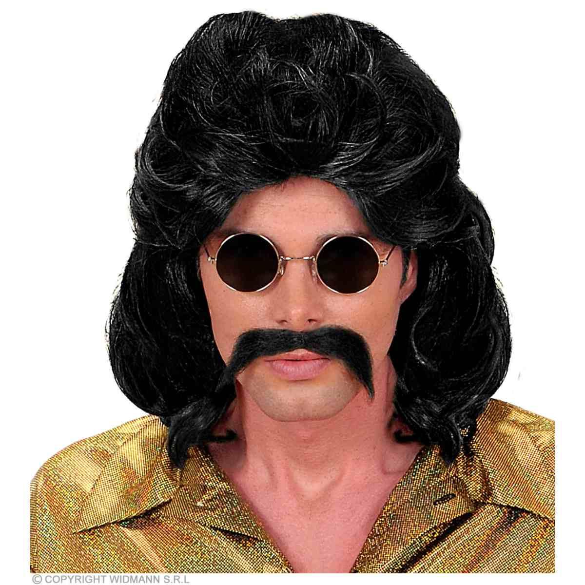 Parrucca Anni '70 Nera e Mossa con Baffi |Widmann