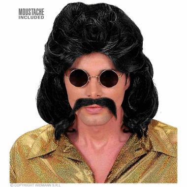 Parrucca Anni '70 Nera e Mossa con Baffi |Widmann