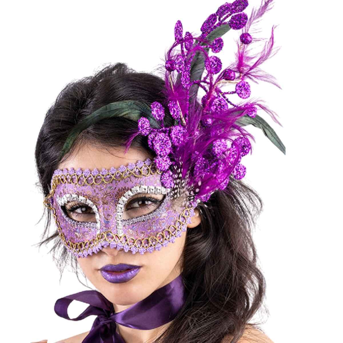 Maschera Tessuto Damascato Viola e Glitter