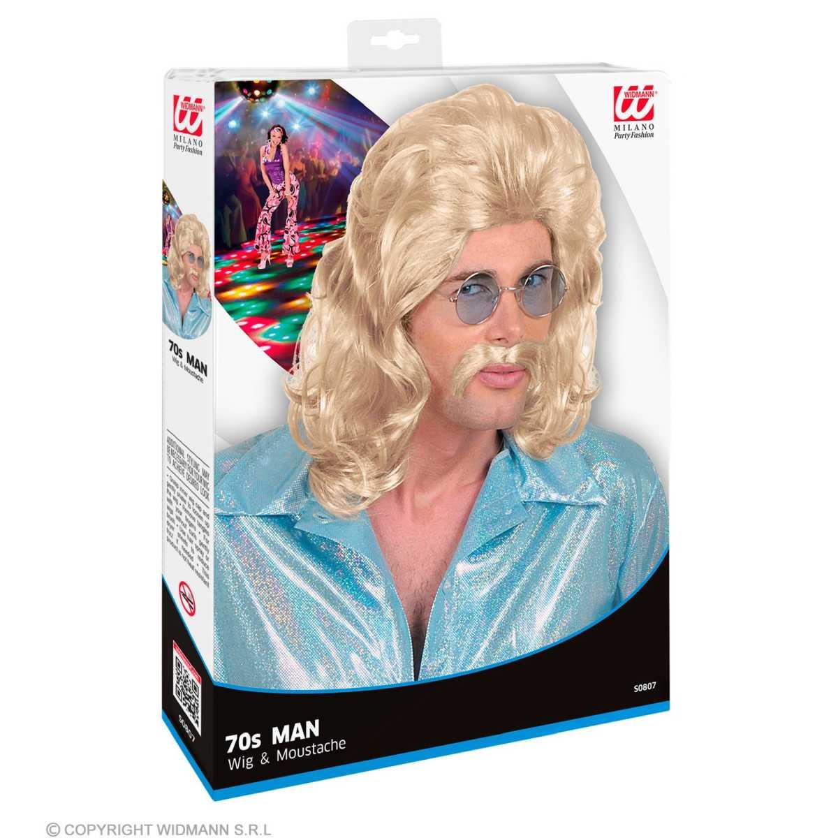 Parrucca Anni 70' Bionda Lunga e Mossa con Baffi |Widmann