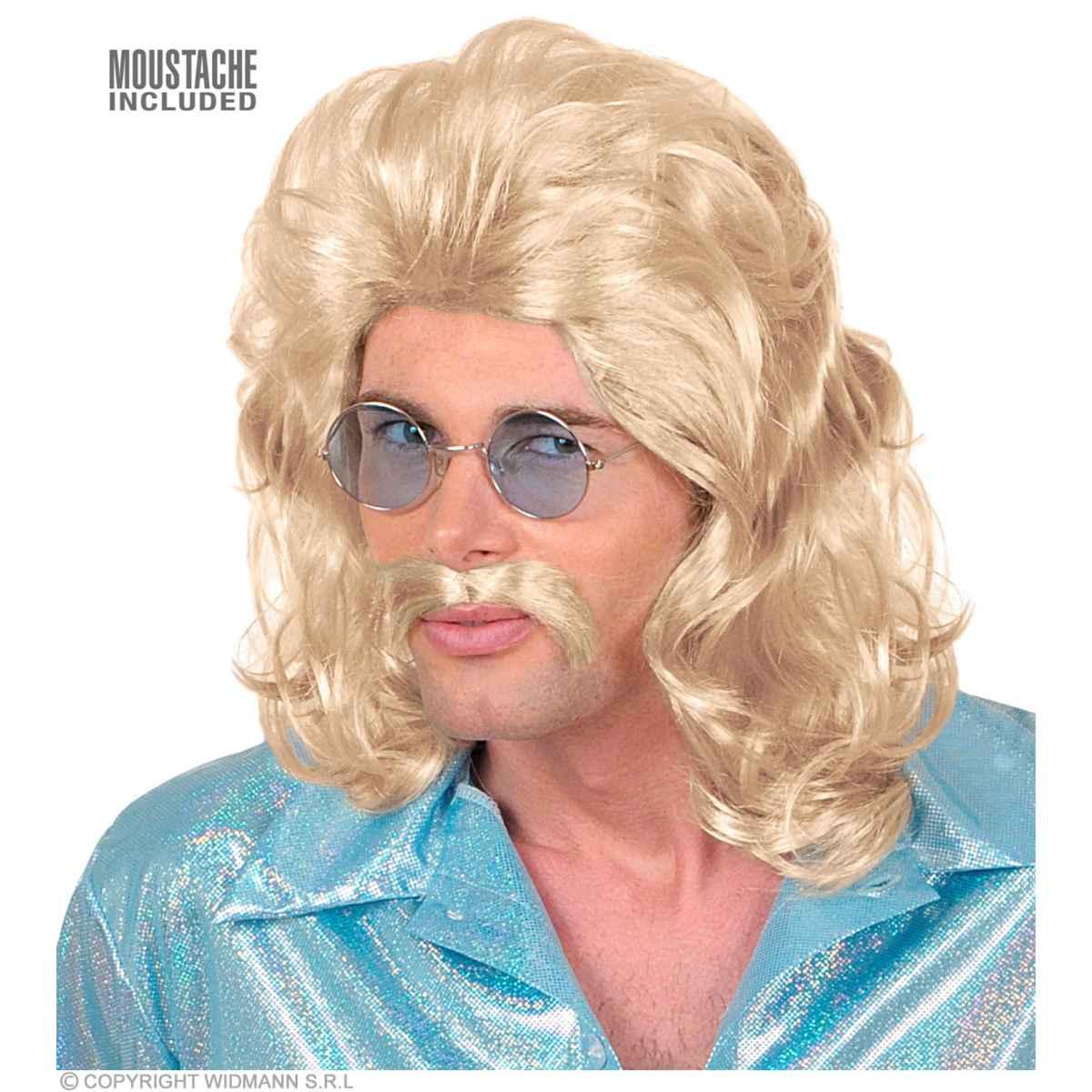 Parrucca Anni 70' Bionda Lunga e Mossa con Baffi |Widmann
