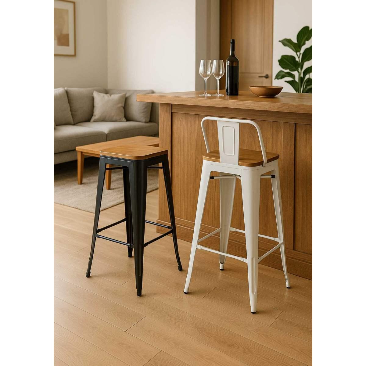 Sgabello Ferro New Bristol Bianco Seduta Legno cm.42x42h77/94 | Vacchetti