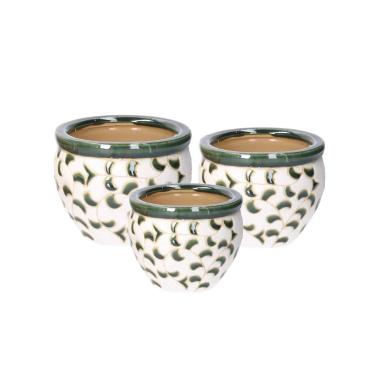 Coprivaso Ceramica Set Pz.3 Bianco Verde Con Foglie Cm.Ø30H21