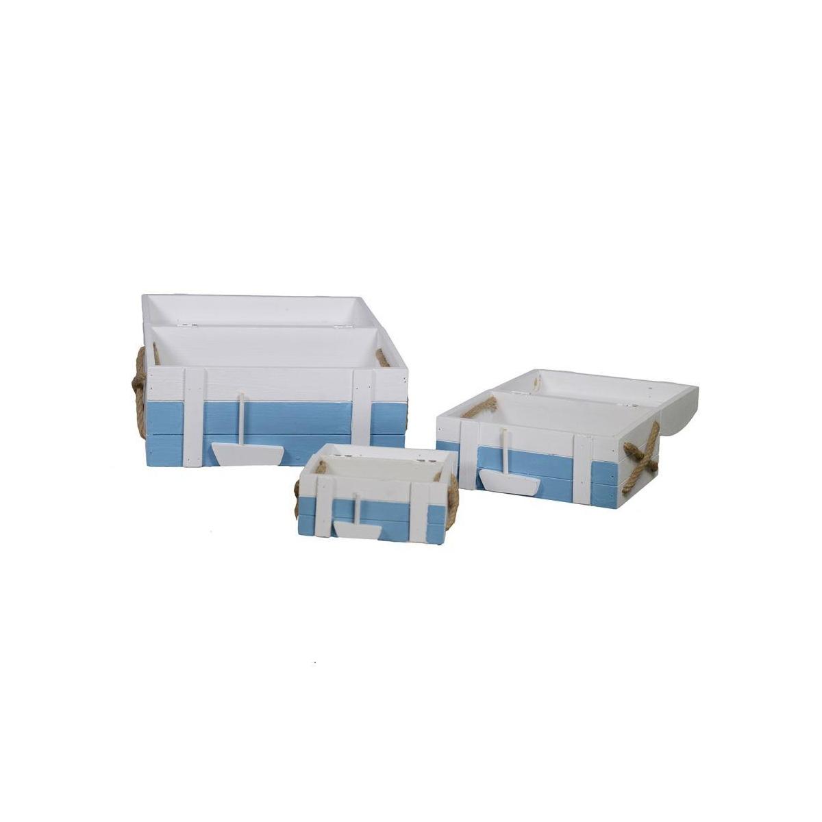 Scatola Legno Mare Set pz.3 Righe Bianco/Azzurro Rettangolare cm.32x20h17,5 | Vacchetti
