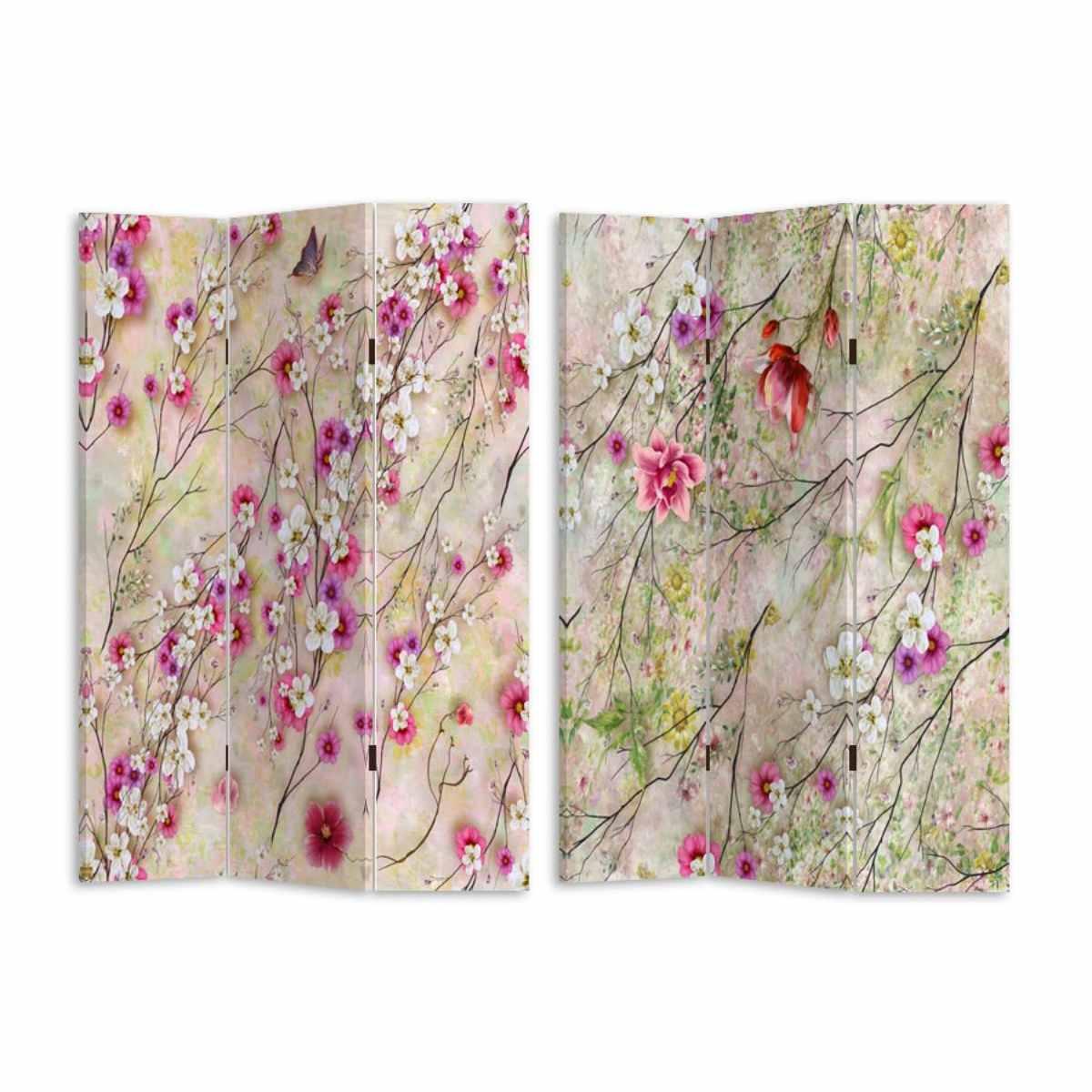 Paravento Stampa 3 Ante Crema con Rami Fiori cm.120,6x2,5h180 | Vacchetti