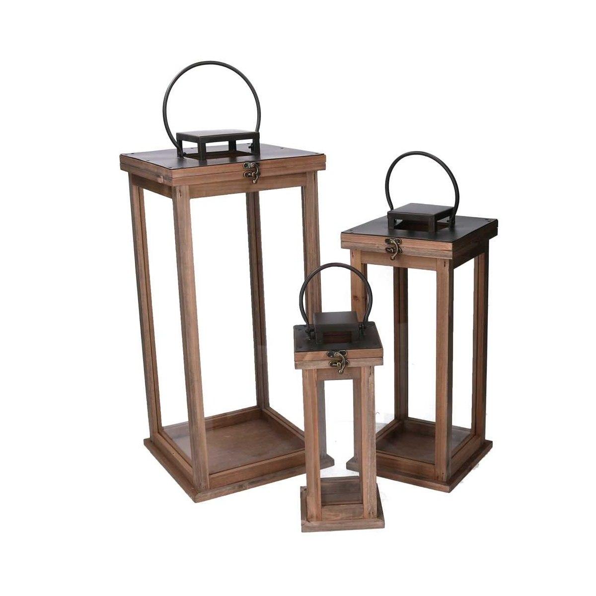 Lanterna Legno Metallo Set pz.3 Naturale Quadro cm.25x25h51 | Vacchetti