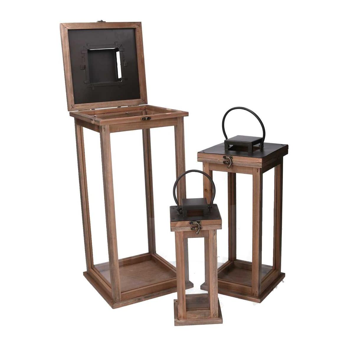 Lanterna Legno Metallo Set pz.3 Naturale Quadro cm.25x25h51 | Vacchetti