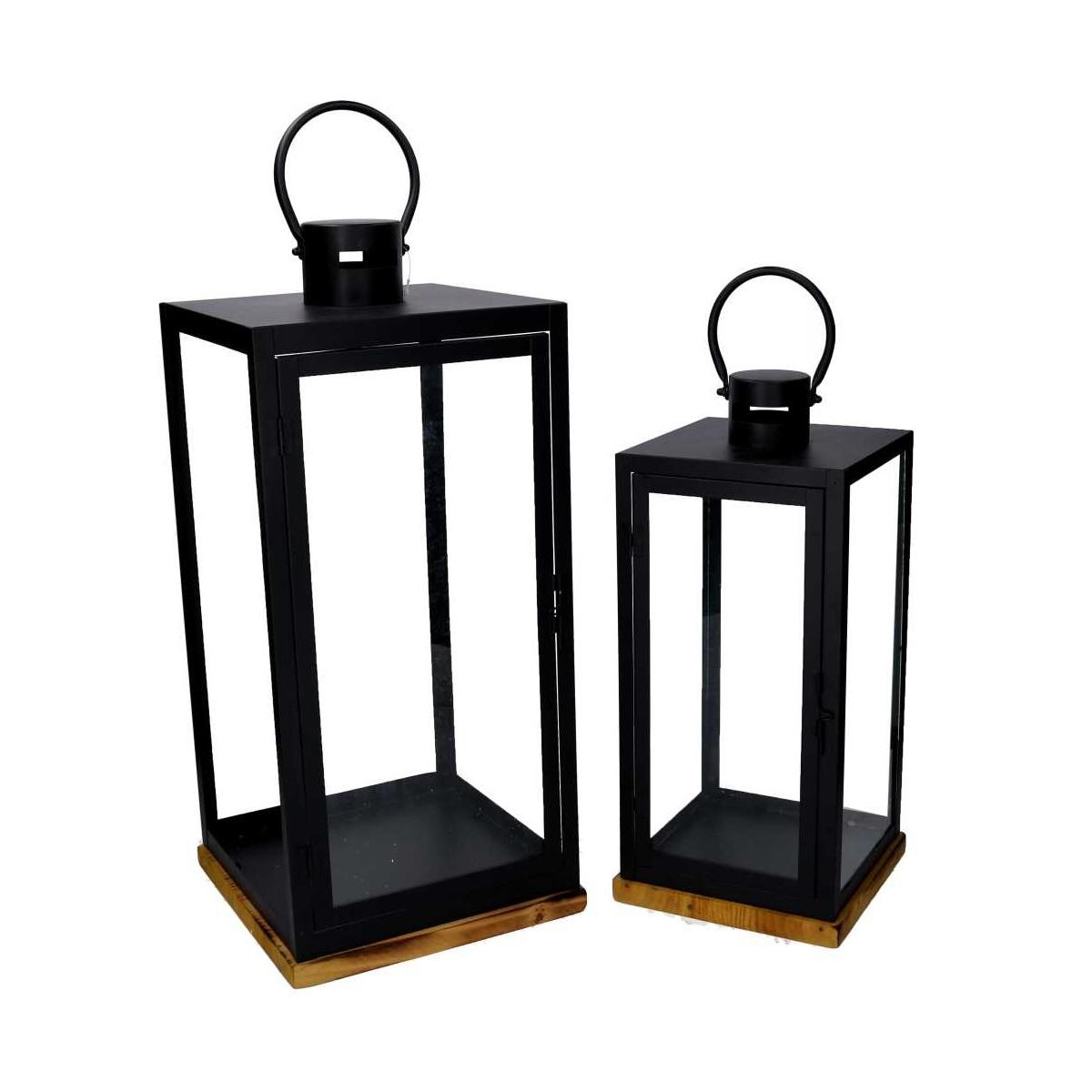 Lanterna Metallo Set pz.2 Nero Base Legno Quadro cm.24x24h55 | Vacchetti