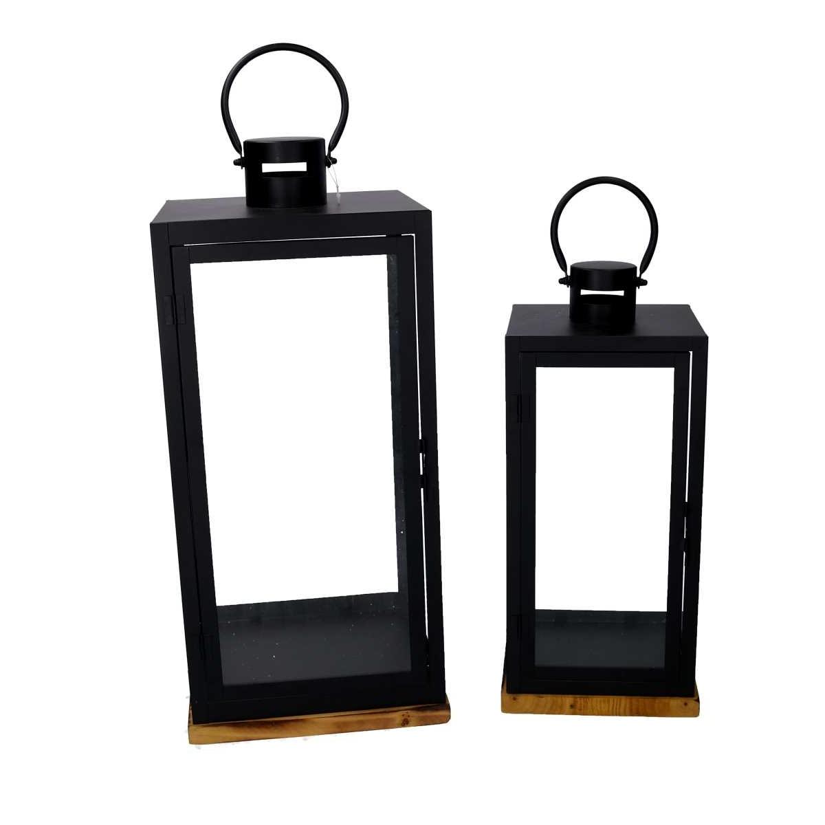Lanterna Metallo Set pz.2 Nero Base Legno Quadro cm.24x24h55 | Vacchetti