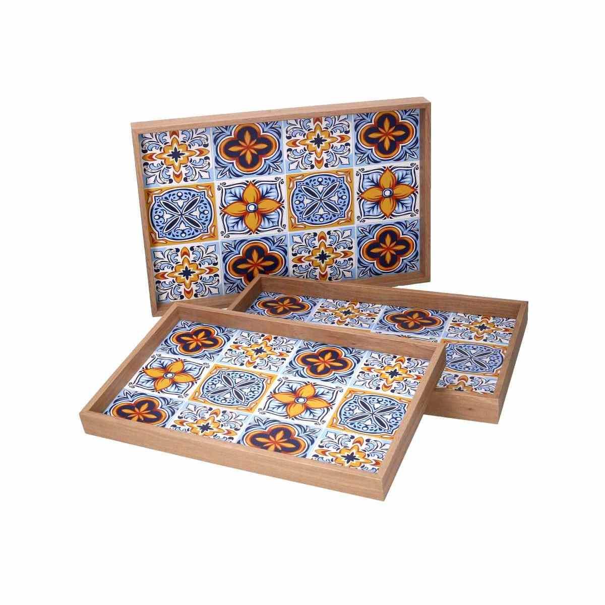 Vassoio Legno Set pz.3 Azzurro Bordo Naturale cm.45x30h4 | Vacchetti