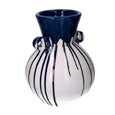 Vaso Ceramica Anfora Bianco Gocce Blu Tondo Cm.Ø24,5H30,5
