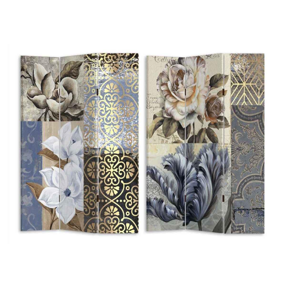 Paravento Stampa Fiori Blu Tre Ante cm.120,6x2,5h180 | Vacchetti