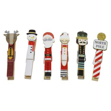Molletta Natale Legno Soggetti Assortiti Set pz.6 |Bizzotto