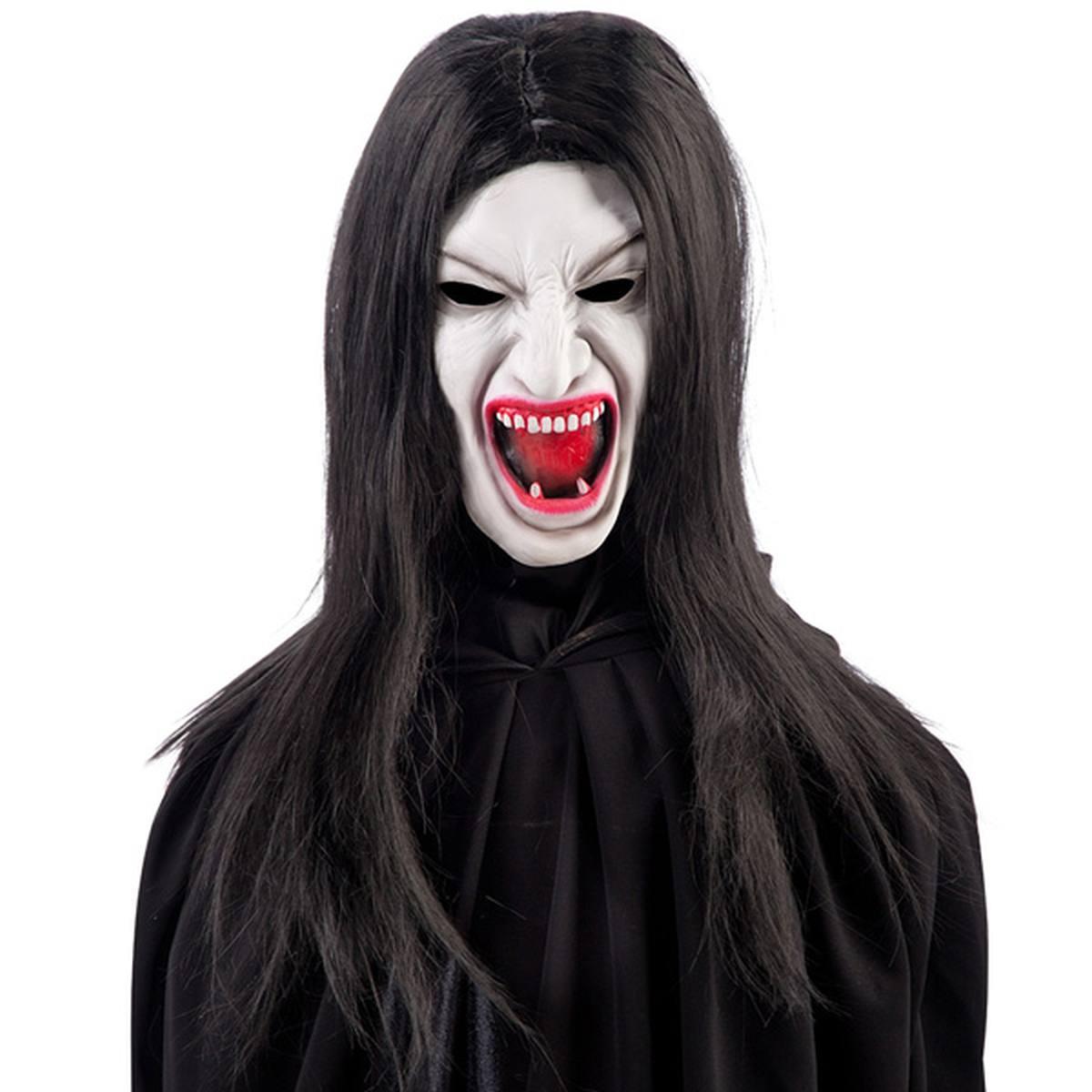 Maschera da Vampira con Capelli Lunghi Neri per Halloween - Scopri