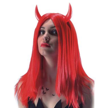 Parrucca Diavolo Rossa Lunga e Liscia con Corna