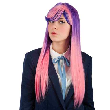 Parrucca rosa viola lusso lunga e liscia con frangia