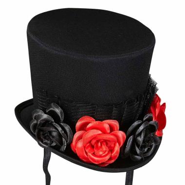 Cappello Cilindro Mini Nero con Rose e Tulle