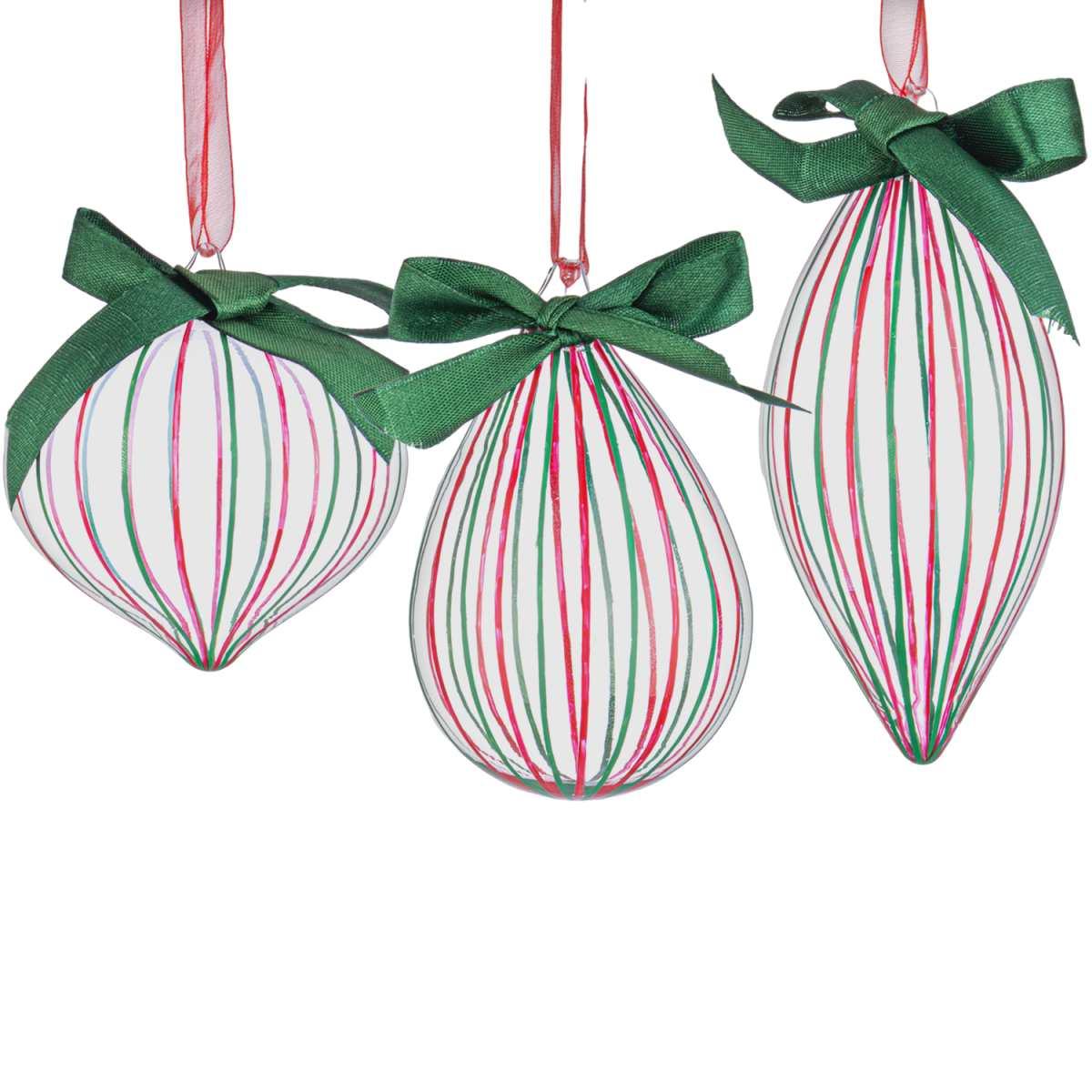 Pallina Natale Vetro cm.10 Goccia Trasparente a Righe Rosse Verdi |Bizzotto