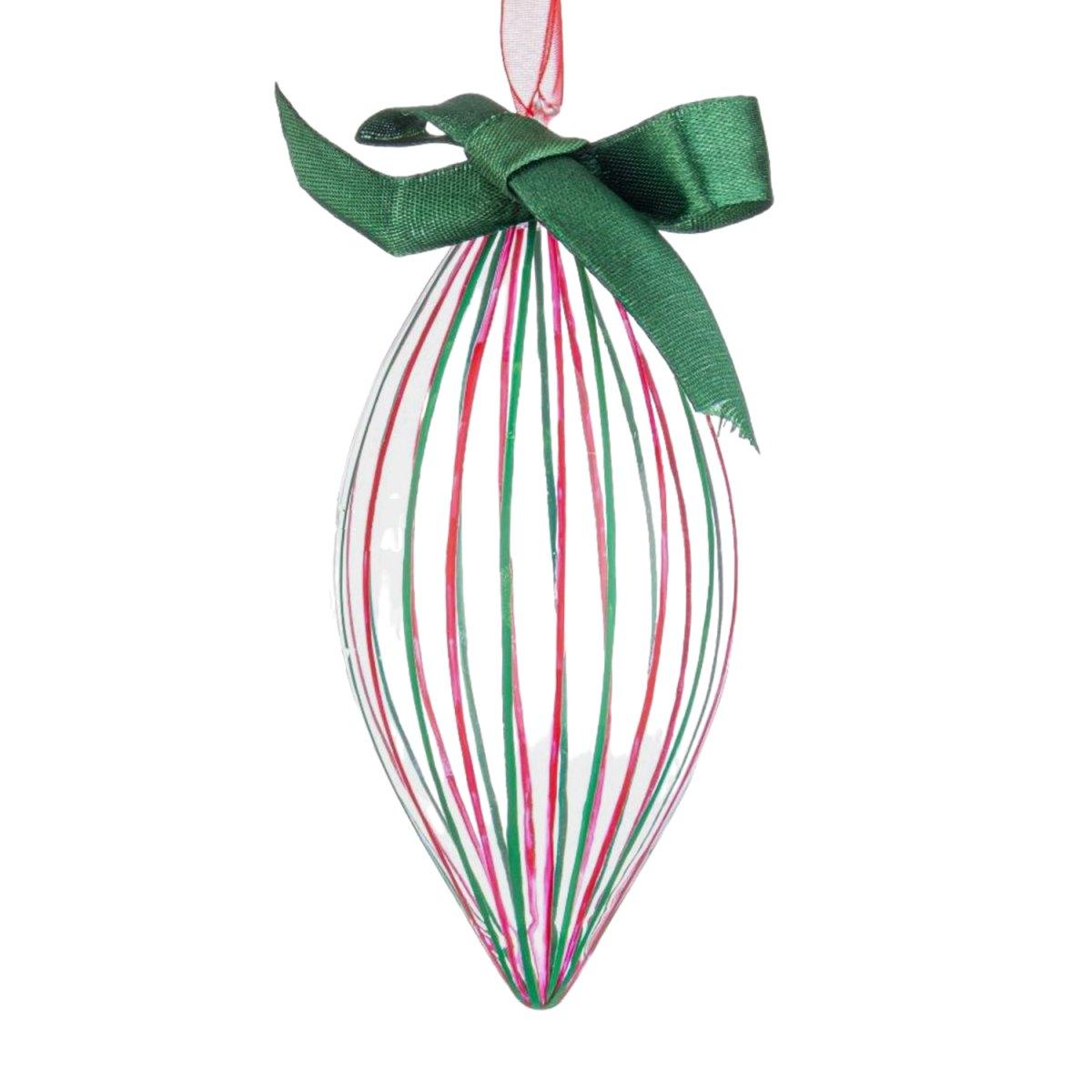 Pallina Natale Vetro cm.13 Goccia Trasparente Righe Rosse/Verdi |Bizzotto