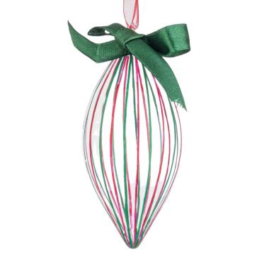 Pallina Natale Vetro cm.13 Goccia Trasparente Righe Rosse/Verdi |Bizzotto