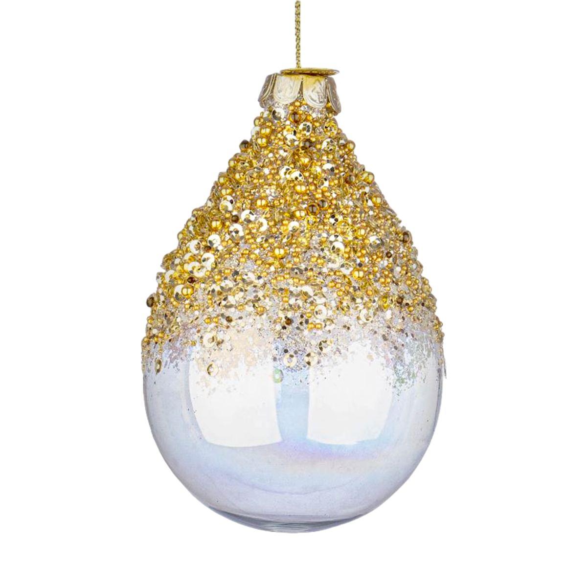 Pallina Natale Vetro cm.10 Goccia Iridescente con Strass Oro |Bizzotto