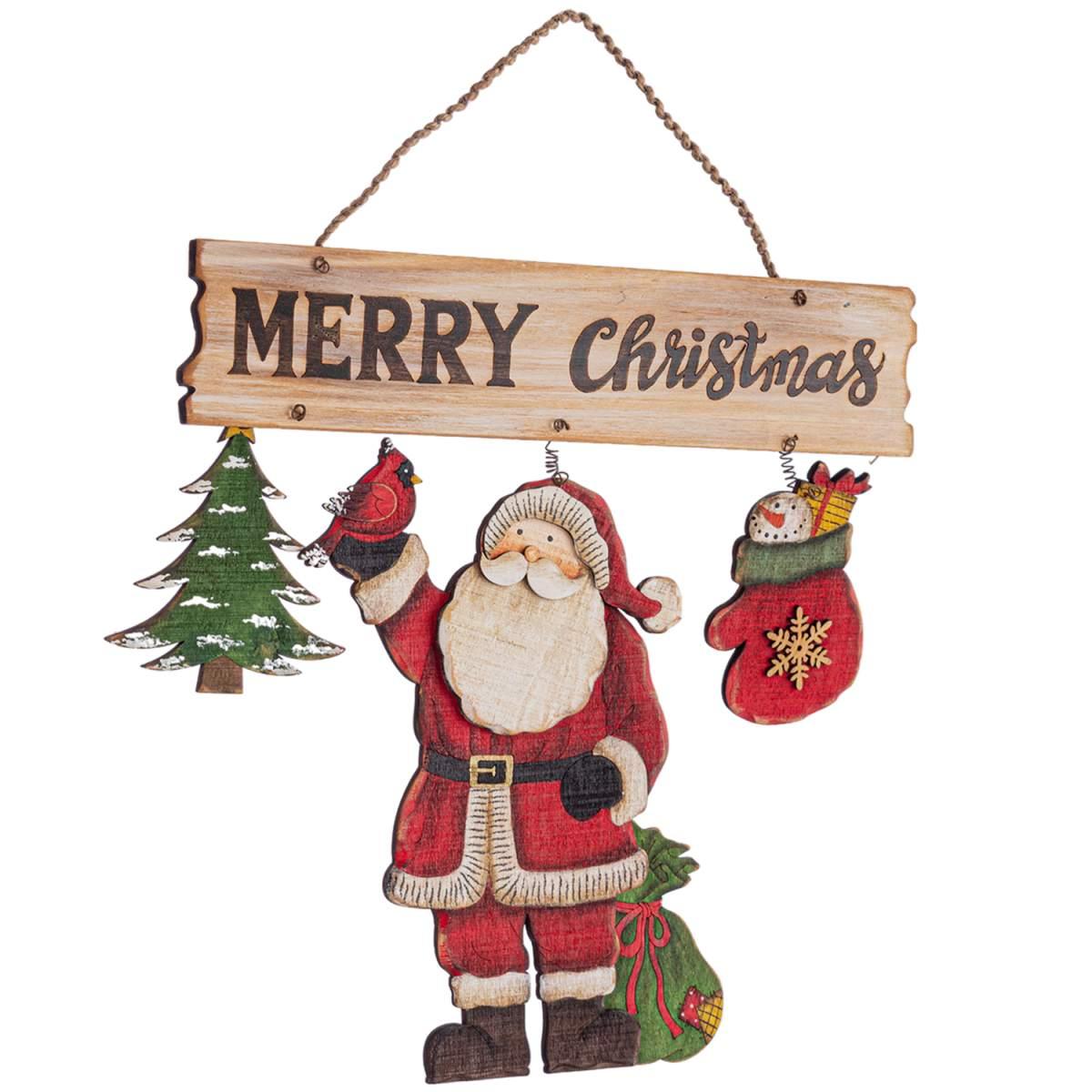 Decorazione Natalizia Targa Legno con Scritta e Babbo cm.30x31 |Bizzotto