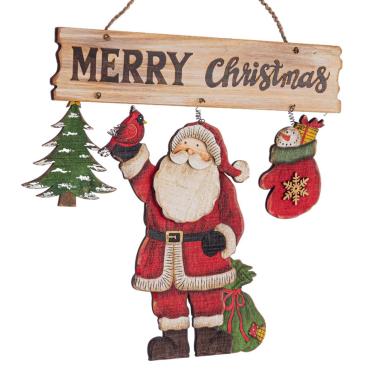 Decorazione Natalizia Targa Legno con Scritta e Babbo cm.30x31 |Bizzotto