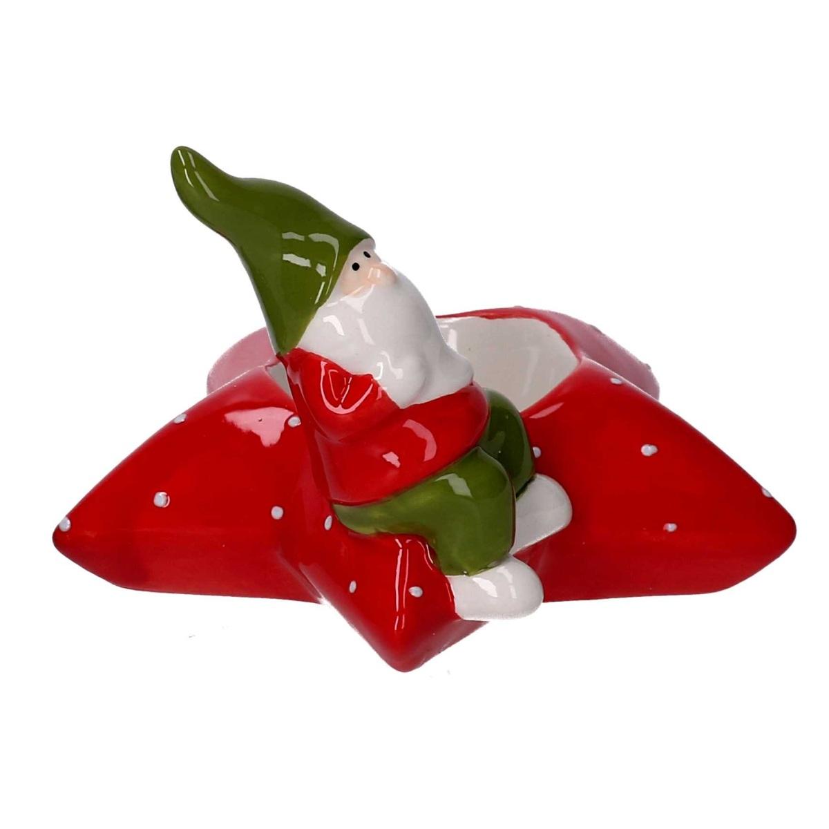 Portacandela Natale Stella Ceramica Rosso con Gnomo cm.11 |Vacchetti