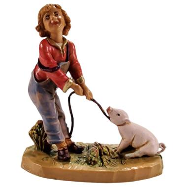 Statua presepe 12 cm bambino che tira il maiale