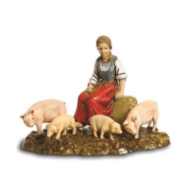 Statua cm.10 Donna Seduta con Quattro Maiali -500A | Moranduzzo