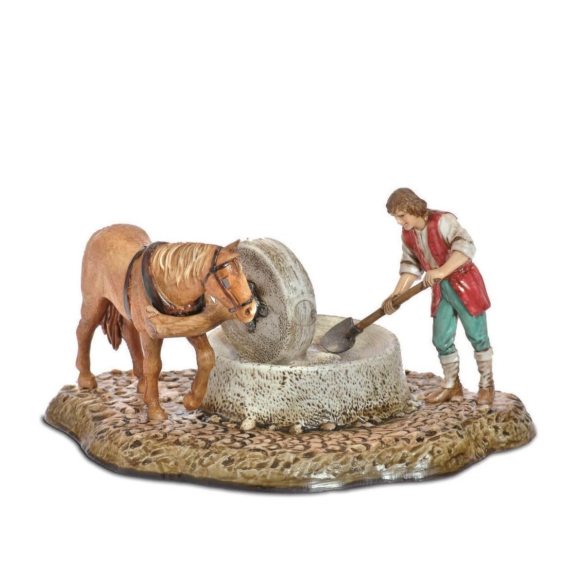 Statua cm.10 Gruppo Pastore alla Macina con Cavallo | Moranduzzo