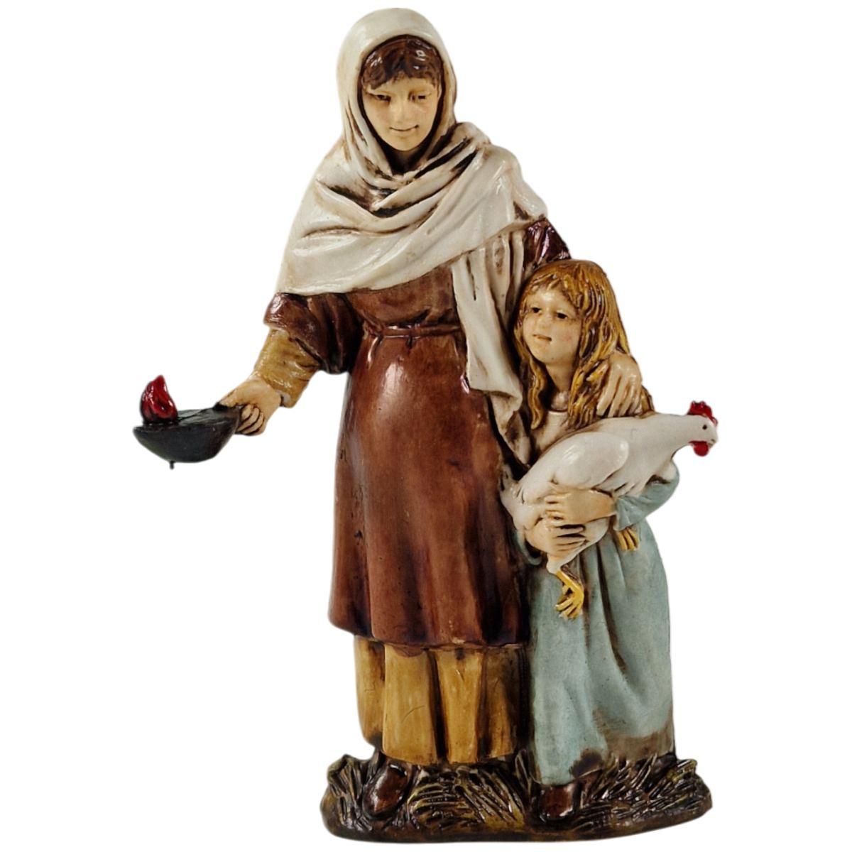 Statua presepe 10 cm donna incinta con bambina e gallina