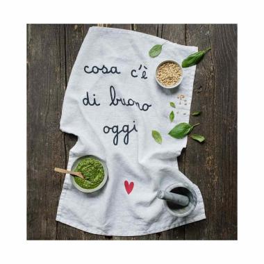 Strofinaccio Lino con Scritta Cosa c'ÃƒÂ¨ di Buono Oggi cm.50x70 | Simple
